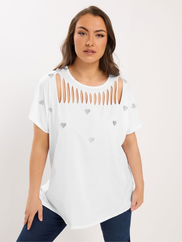 Yours Curve White Heart Embroidery Slash Top - Image 1 of 5