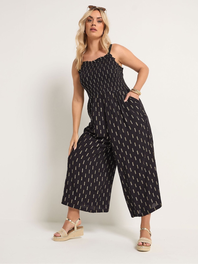 Yours Curve Black Crickle Metallic Wide Leg Jumpsuit - Image 2 of 5