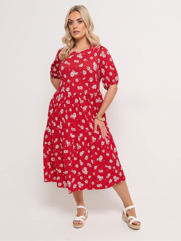 Yours Curve Red Puff Sleeve Tiered Dress - Image 1 of 5