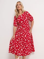 Yours Curve Red Puff Sleeve Tiered Dress - Image 2 of 5