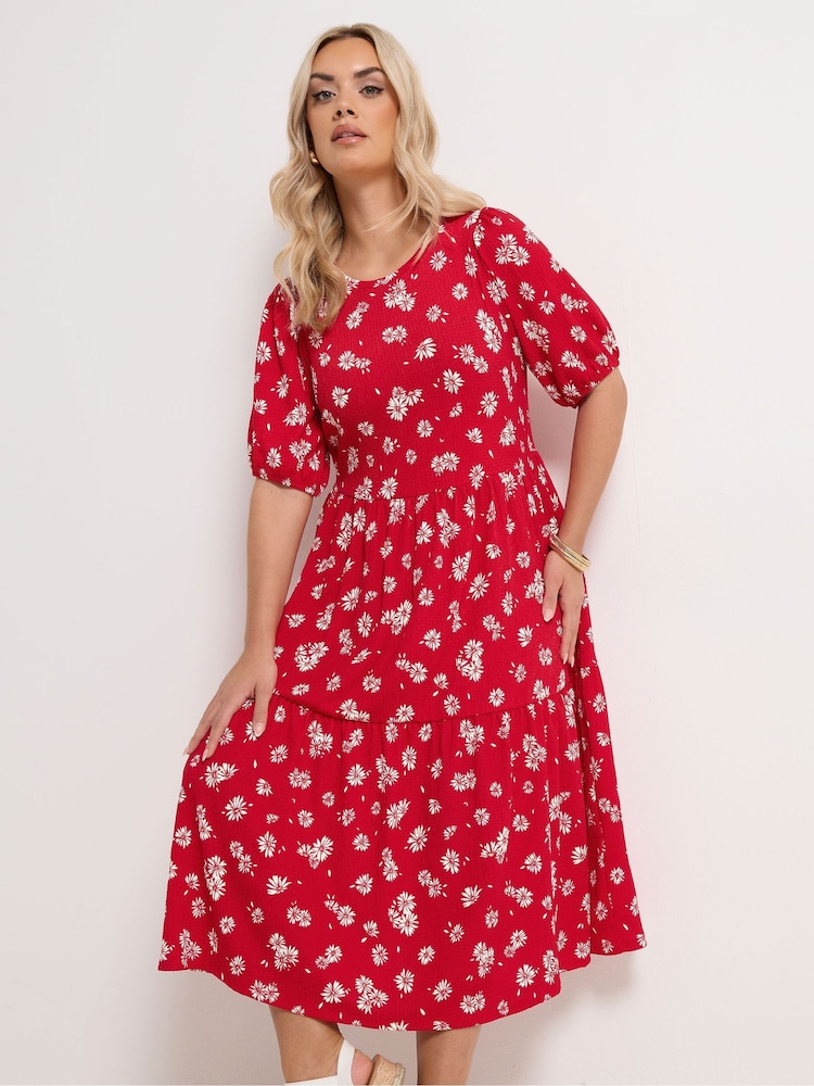 Yours Curve Red Puff Sleeve Tiered Dress - Image 2 of 5