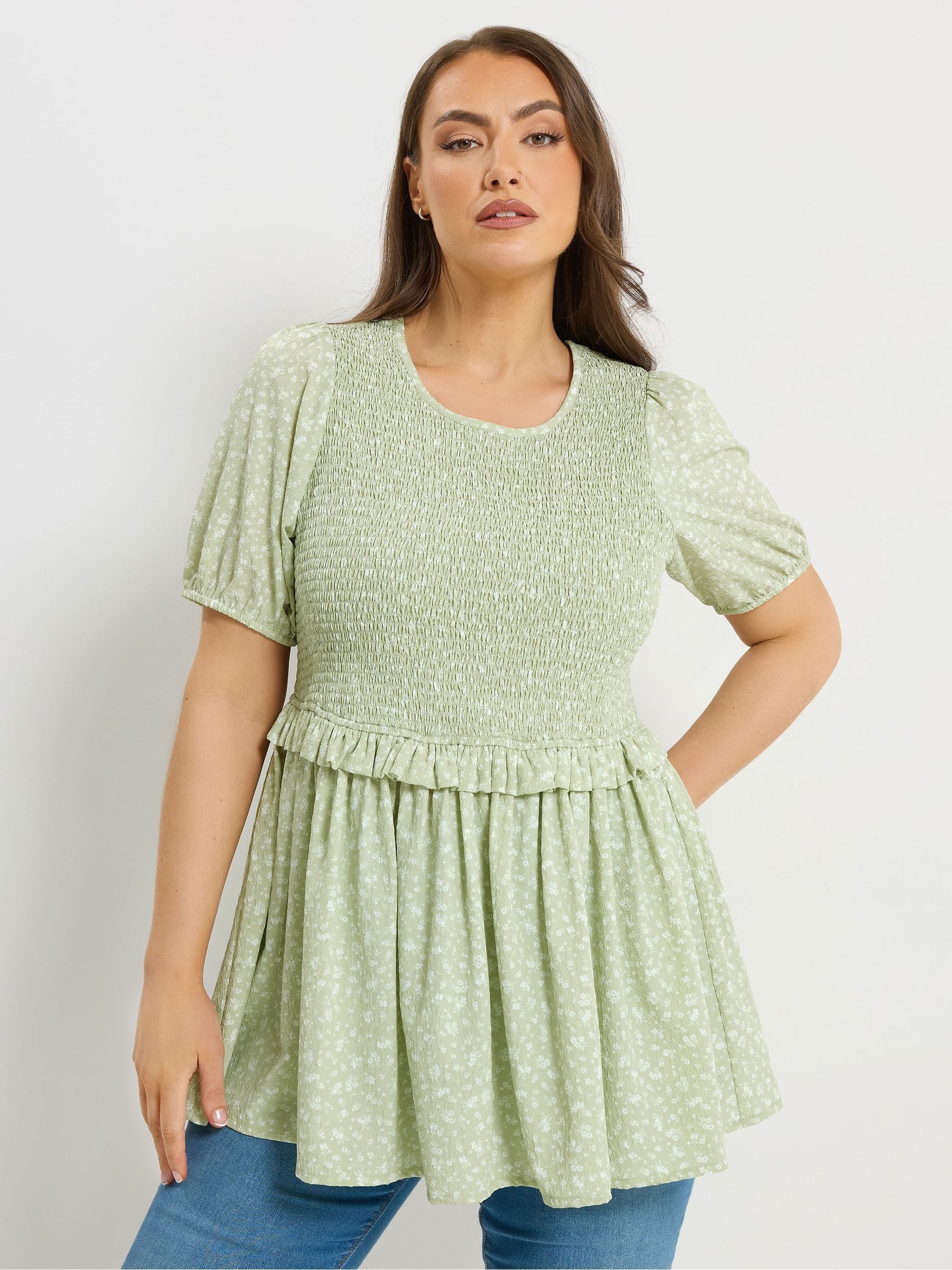 Yours Women's Light Green Ditsy Floral Shirred Top In | : 22/24 - Image 2