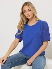 M&Co Light Blue Broderie Puff Sleeve T-Shirt - Image 1 of 6