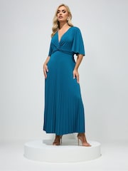 Yours Curve Teal Blue London Pleated Knot Angel Sleeve Maxi Dress - Image 1 of 5