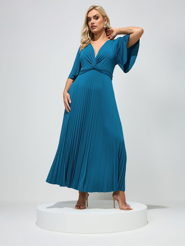 Yours Curve Teal Blue London Pleated Knot Angel Sleeve Maxi Dress - Image 2 of 5