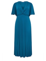 Yours Curve Teal Blue London Pleated Knot Angel Sleeve Maxi Dress - Image 5 of 5