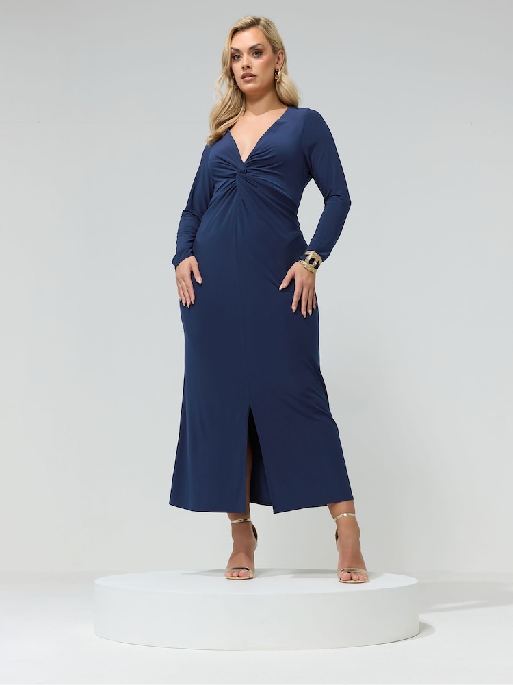 Yours Curve Blue London Long Sleeve Knot ITY Maxi Dress - Image 2 of 5 Yours Curve Blue London Long Sleeve Knot ITY Maxi Dress - Image 2 of 5