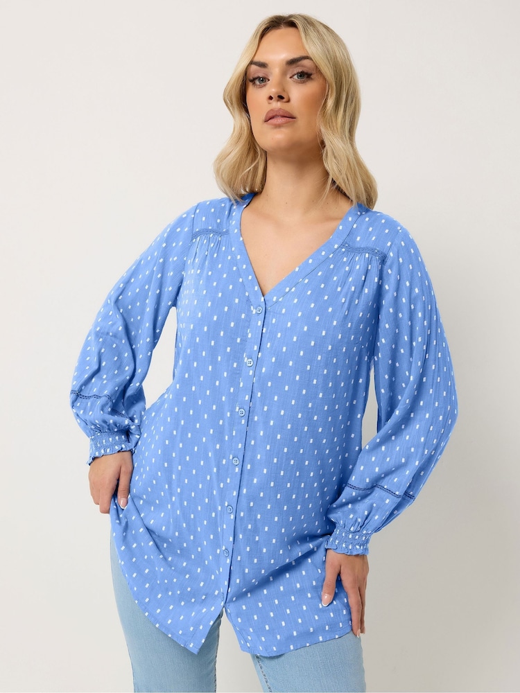 Yours Curve Blue Cotton Dobby Blouse - Image 1 of 6