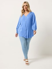 Yours Curve Blue Cotton Dobby Blouse - Image 3 of 6