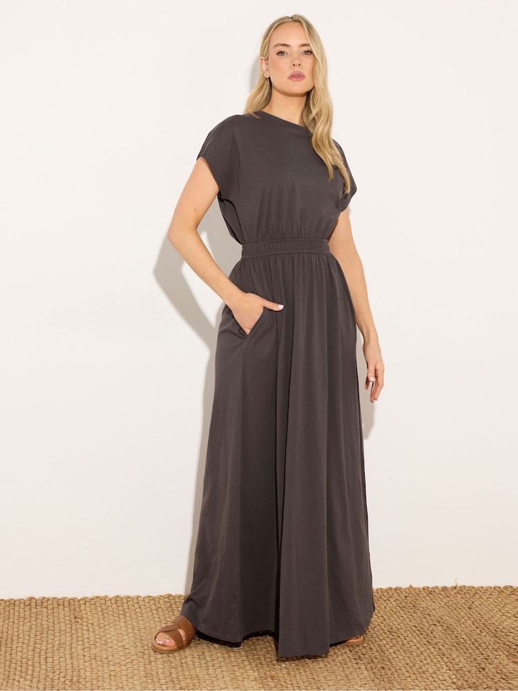 Long Brown Shirred Waist Maxi Dress - Image 1 of 5