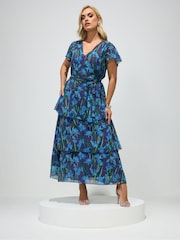 Yours Curve Blue London Tiered V-Neck Maxi Dress - Image 1 of 4