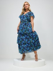 Yours Curve Blue London Tiered V-Neck Maxi Dress - Image 2 of 4