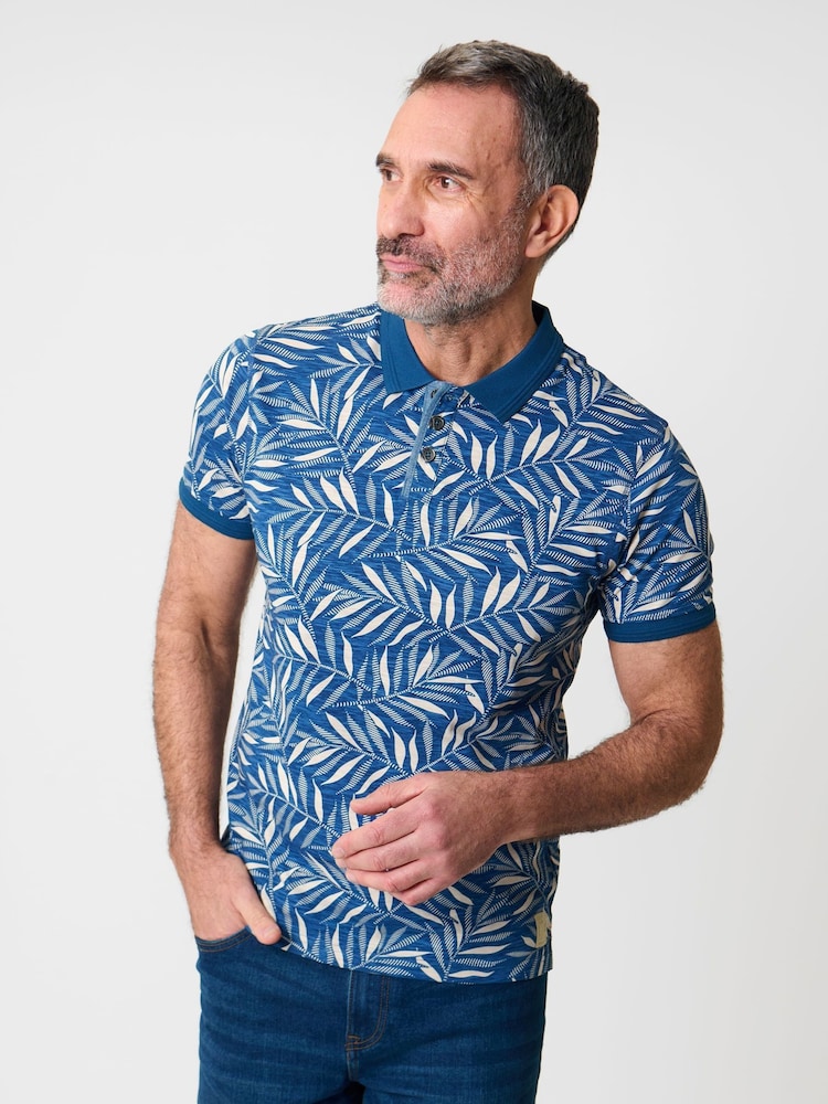 Saltwell Blue All-Over Leaf Print Cotton Polo Shirt - Image 1 of 5