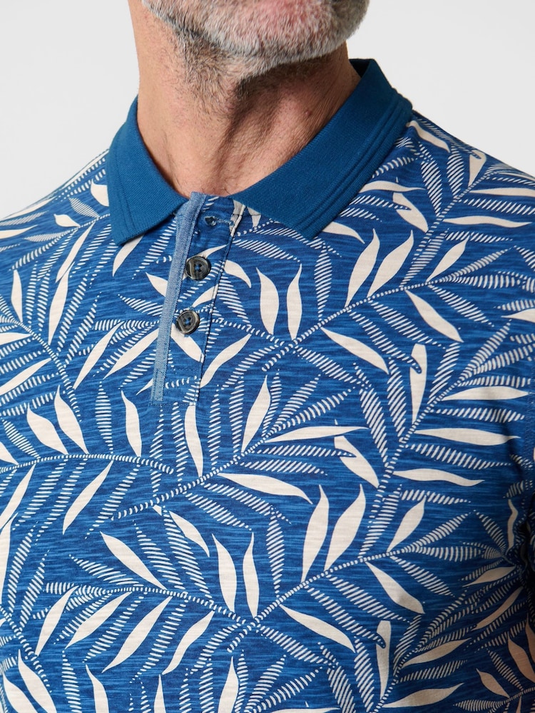 Saltwell Blue All-Over Leaf Print Cotton Polo Shirt - Image 5 of 5