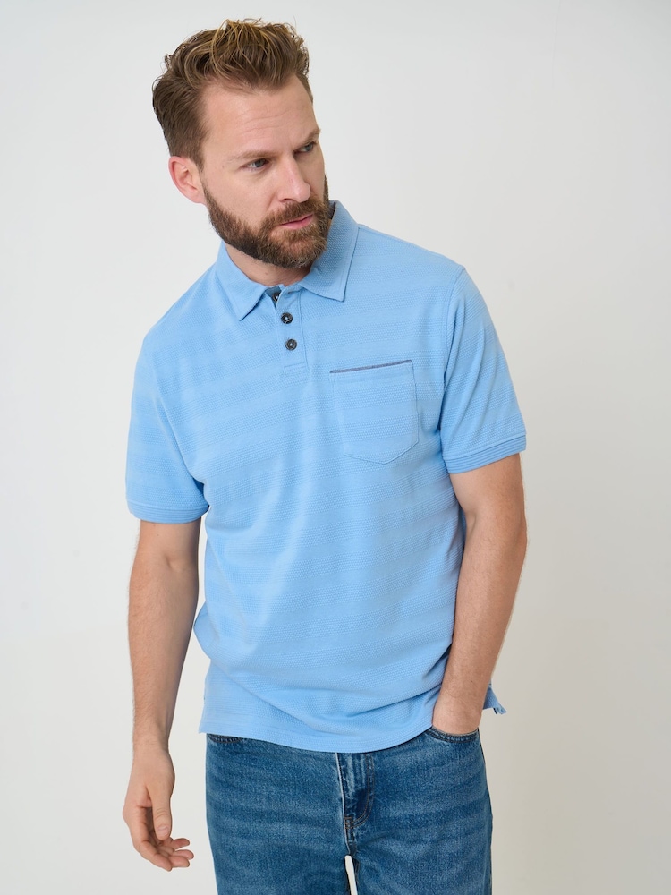 Saltwell Blue Popcorn Stripe Short Sleeve Cotton Polo Shirt - Image 1 of 5