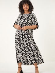 Roman Black Curve Leaf Print Woven Dress - Image 1 of 5