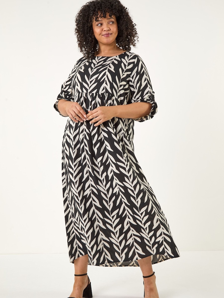 Roman Black Curve Leaf Print Woven Dress - Image 1 of 5