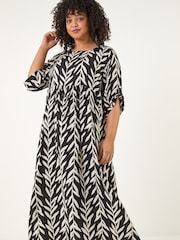 Roman Black Curve Leaf Print Woven Dress - Image 2 of 5