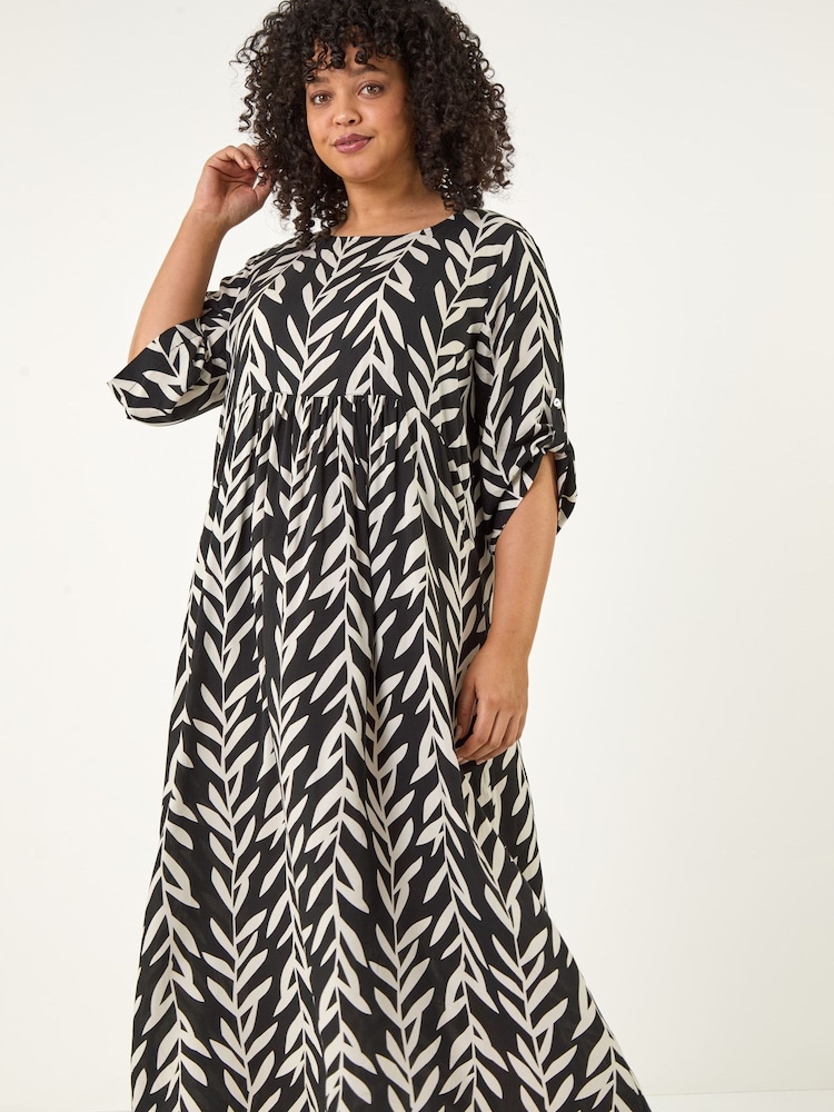 Roman Black Curve Leaf Print Woven Dress - Image 2 of 5