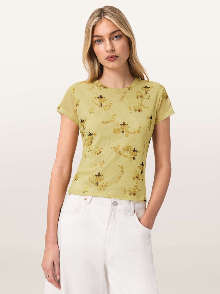 AllSaints Yellow Ellie Mesh T-Shirt - Image 1 of 7