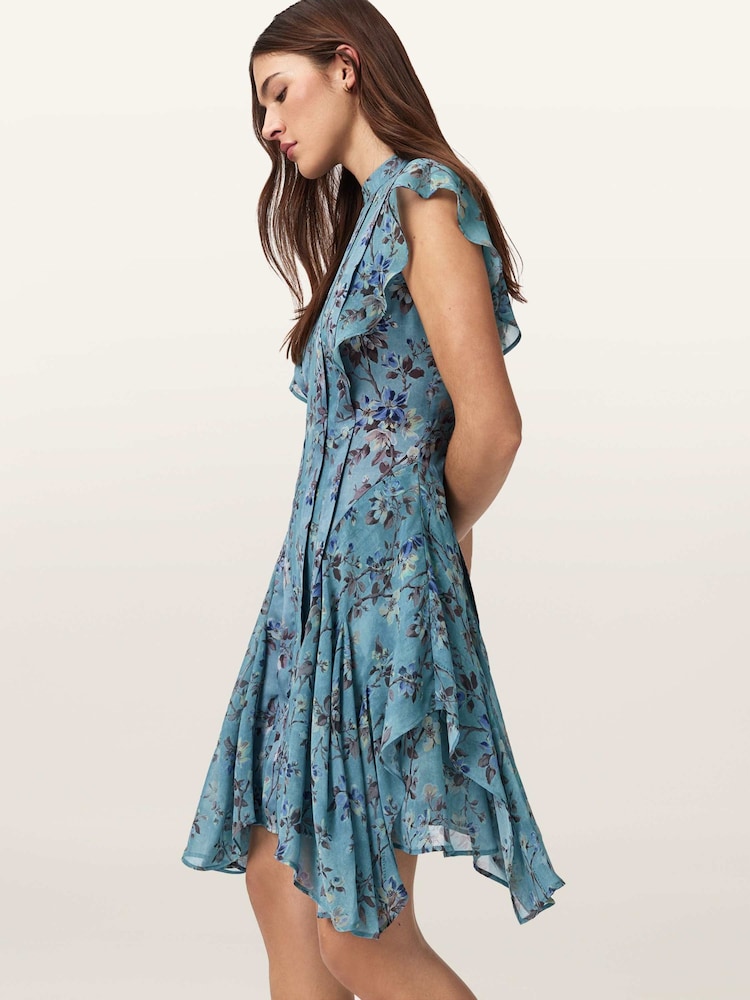 all saints blue floral dress AllSaints Kaih Batu cross halter neck midi dress in lagoon blue