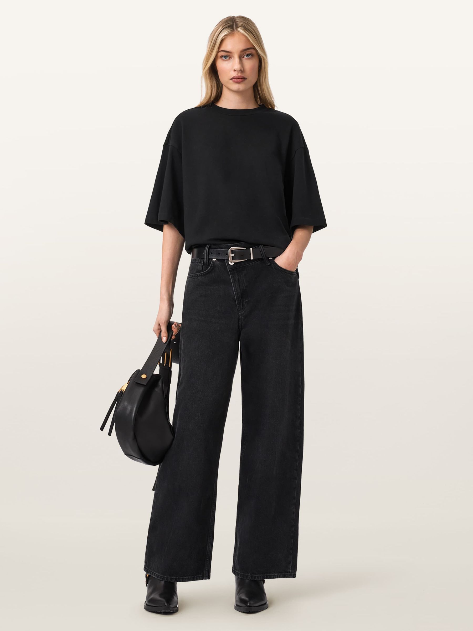 Buy AllSaints Black Esme Amelie Crochet Back Detail Cotton T-Shirt
