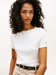 Άσπρο - Tommy Hilfiger Gold Tone Button Slim Boat Neck T-Shirt - Εικόνα 4 από 5