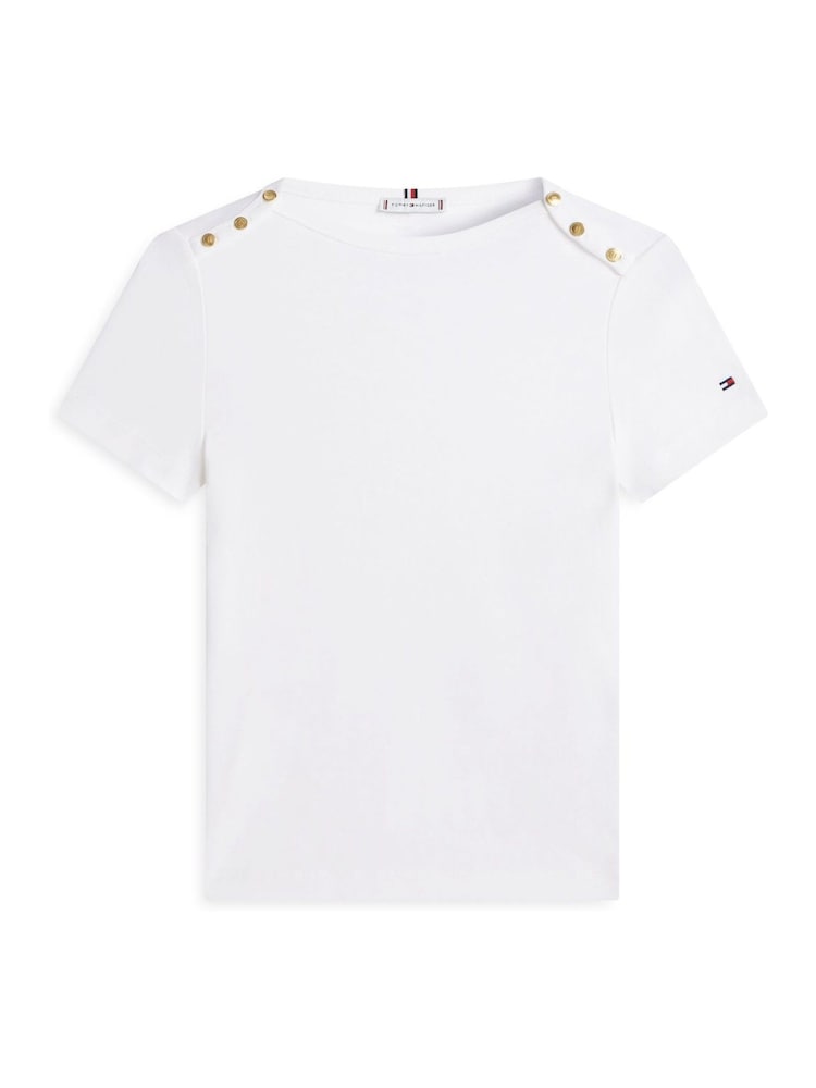 Άσπρο - Tommy Hilfiger Gold Tone Button Slim Boat Neck T-Shirt - Εικόνα 5 από 5