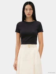 Tommy Hilfiger Black Gold Tone Button Slim Boat Neck T-Shirt - Image 4 of 5