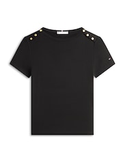 Tommy Hilfiger Black Gold Tone Button Slim Boat Neck T-Shirt - Image 5 of 5