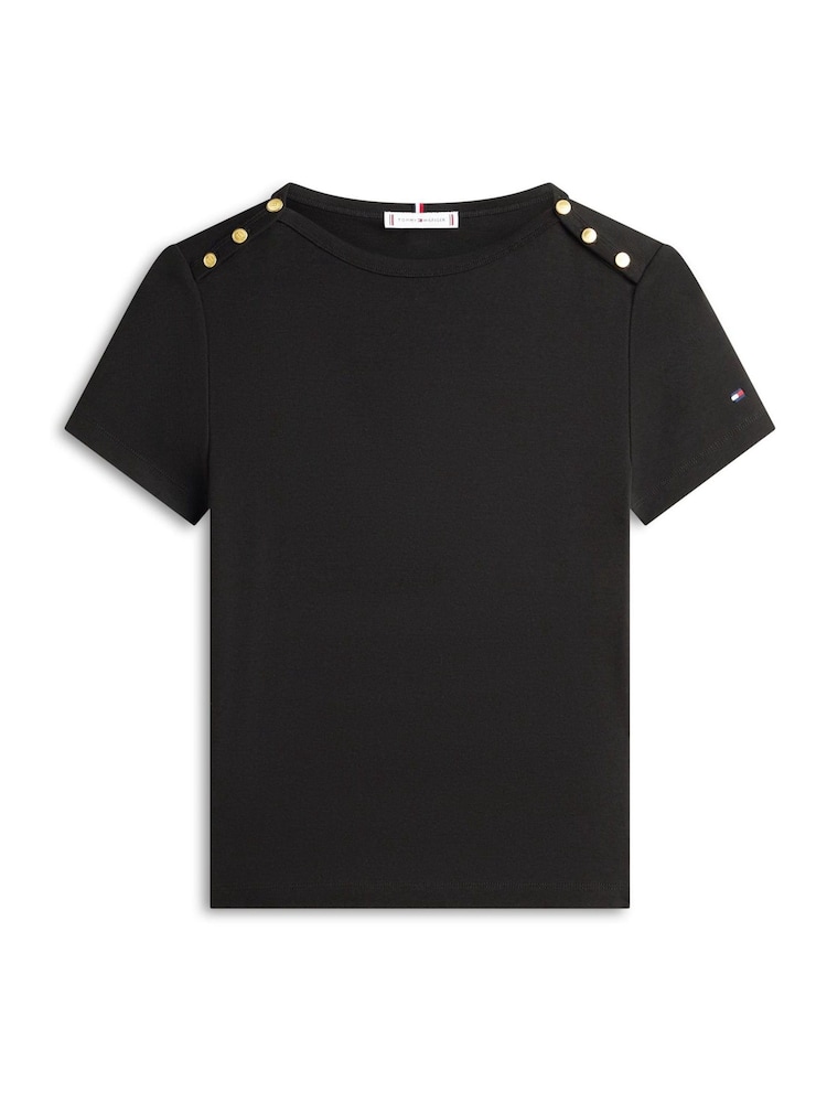 Tommy Hilfiger Black Gold Tone Button Slim Boat Neck T-Shirt - Image 5 of 5