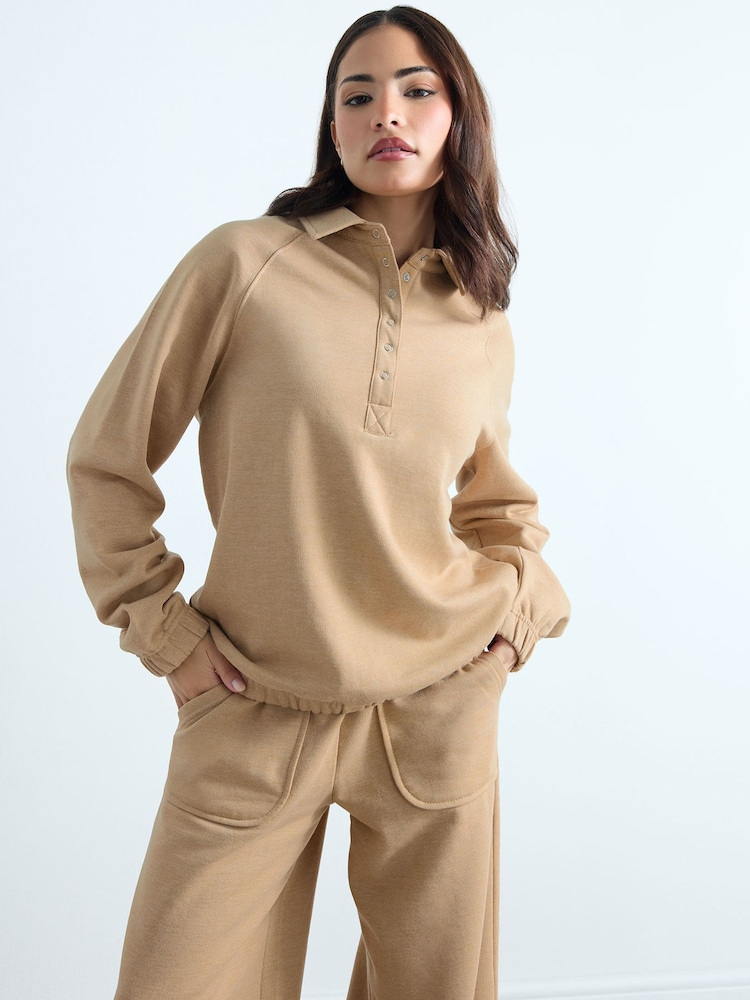 PixieGirl Petite Natural Funnel Neck Popper Quarter Zip Sweatshirt - Image 1 of 3