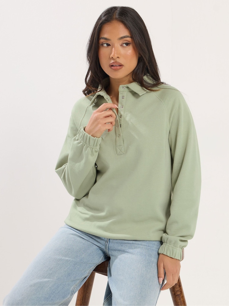 PixieGirl Petite Green Funnel Neck Popper Quarter Zip Sweatshirt - Image 1 of 6