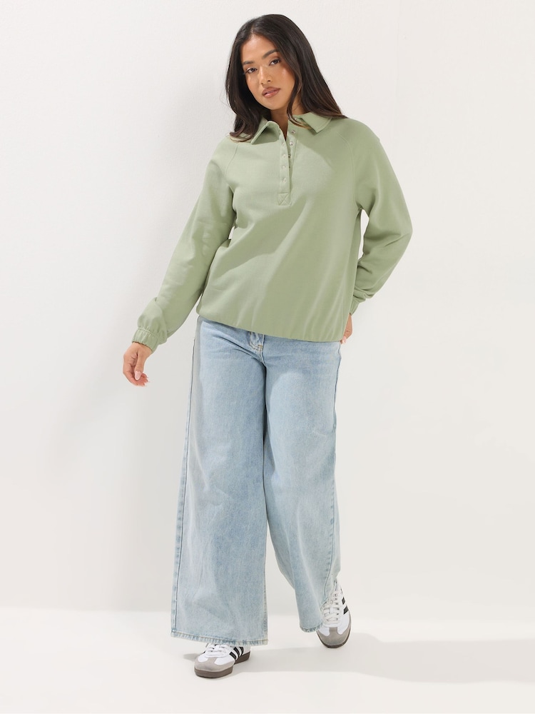 PixieGirl Petite Green Funnel Neck Popper Quarter Zip Sweatshirt - Image 2 of 6