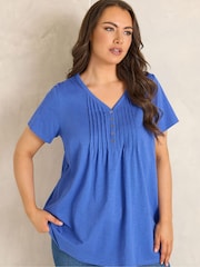 Evans Blue Short Sleeve Cotton Henley Blouse - Image 1 of 5