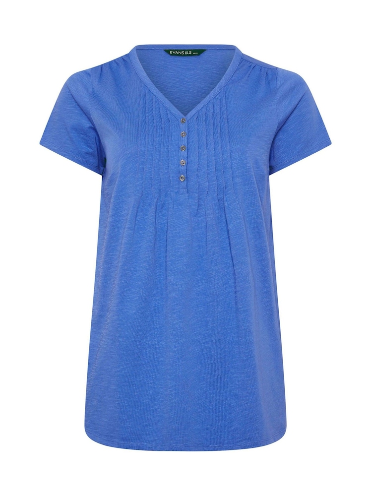 Evans Blue Short Sleeve Cotton Henley Blouse - Image 5 of 5