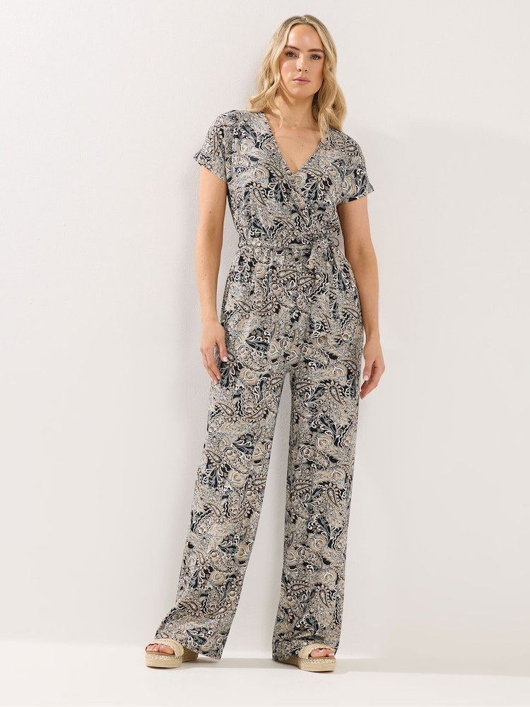 Long Tall Sally Black Paisley Short Sleeve Wrap Jumpusit - Image 1 of 5 Long Tall Sally Black Paisley Short Sleeve Wrap Jumpusit - Image 1 of 5