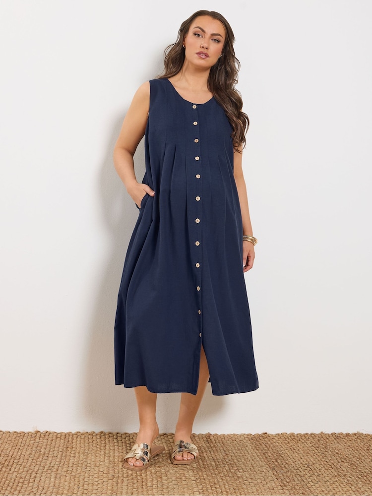 Yours Curve Blue Maternity Button Through Midi Dress With Linen - Image 1 of 5