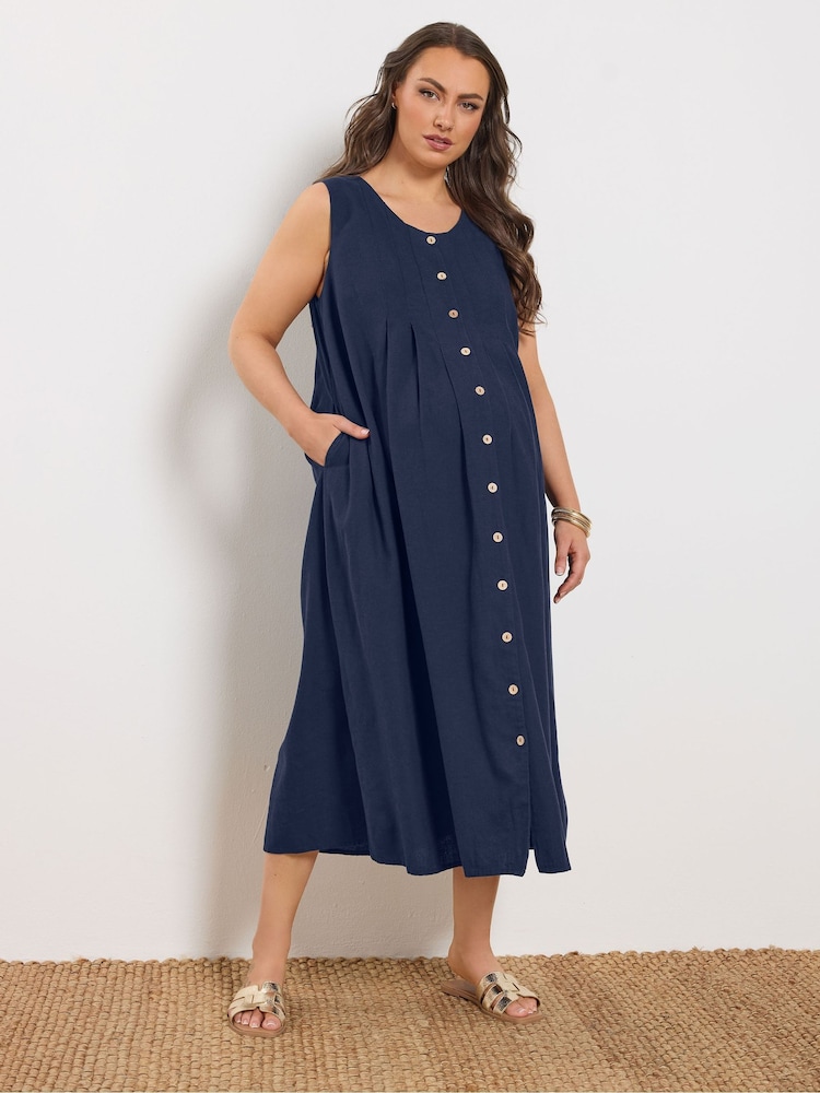 Yours Curve Blue Maternity Button Through Midi Dress With Linen - Image 2 of 5
