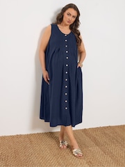 Yours Curve Blue Maternity Button Through Midi Dress With Linen - Image 3 of 5