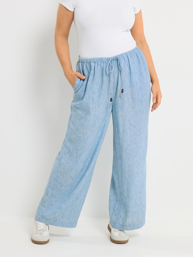 Yours Curve Blue Linen Look Beaded Wide Leg Trousers - Image 1 of 5 Yours Curve Blue Linen Look Beaded Wide Leg Trousers - Image 1 of 5