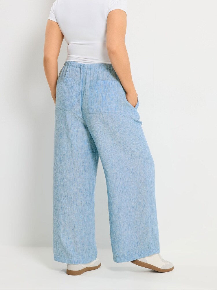 Yours Curve Blue Linen Look Beaded Wide Leg Trousers - Image 2 of 5 Yours Curve Blue Linen Look Beaded Wide Leg Trousers - Image 2 of 5