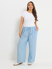 Yours Curve Blue Linen Look Beaded Wide Leg Trousers - Image 3 of 5
