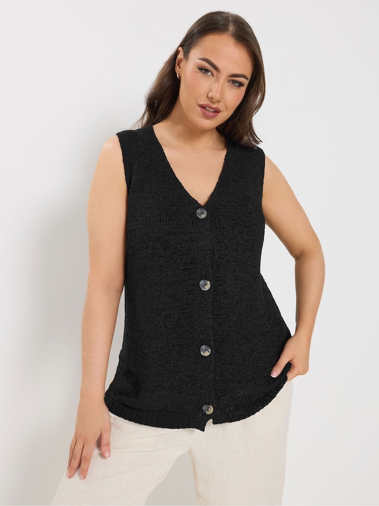 Yours Curve Black Button Through Knitted Waistcoat - Image 1 of 5