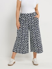 Yours Curve Blue Abstract Wide Leg Trousers - Image 1 of 5