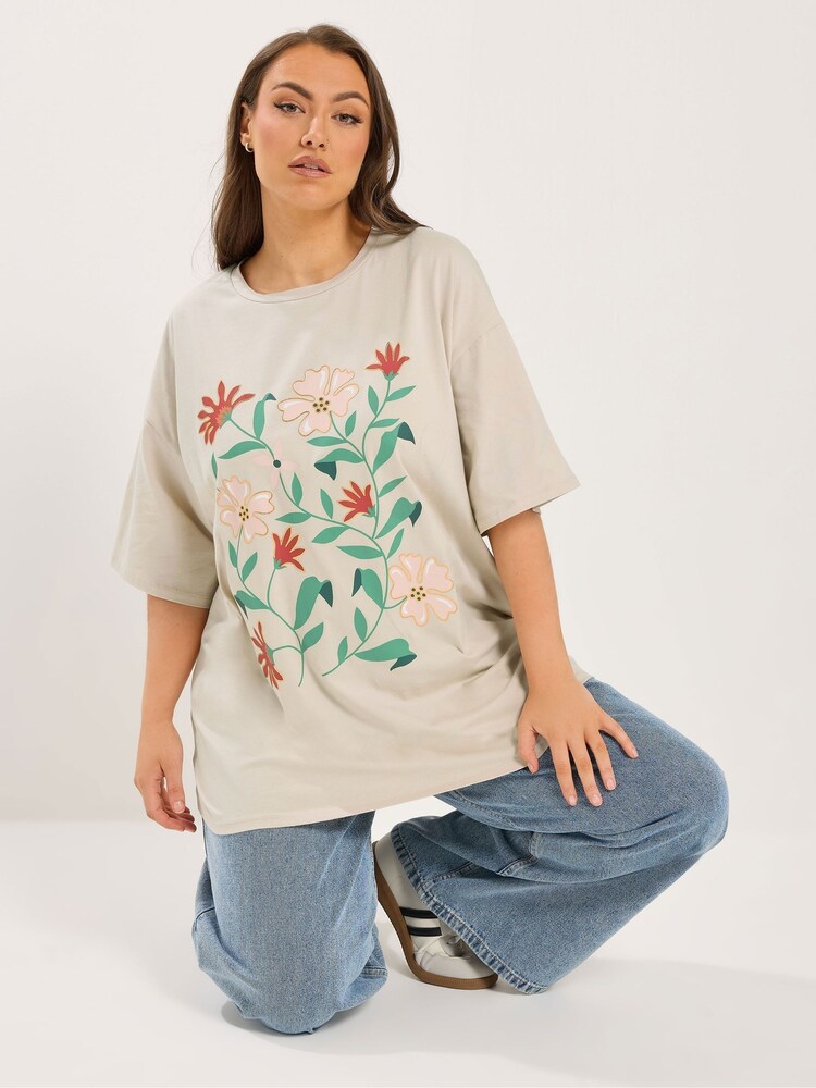 Yours Curve Natural Floral Graphic T-Shirt - Image 1 of 5