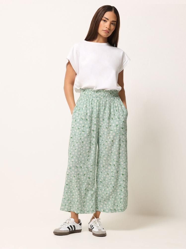 PixieGirl Petite Green Daisy Wide Leg Crop Trousers - Image 1 of 5
