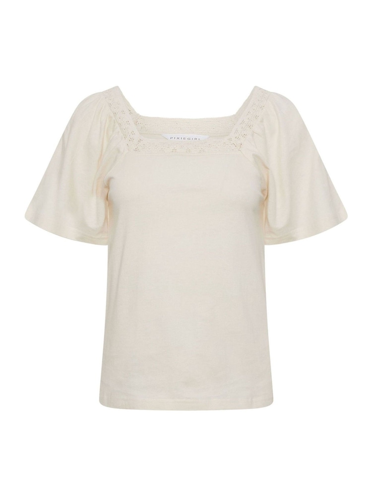 كريم - PixieGirl Crochet Neck Flutter Sleeve Top - صورة 5 من 5