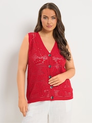 Yours Curve Red Crochet Knitted Waistcoat - Image 1 of 6