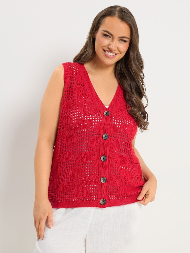 Yours Curve Red Crochet Knitted Waistcoat - Image 2 of 6 Yours Curve Red Crochet Knitted Waistcoat - Image 2 of 6